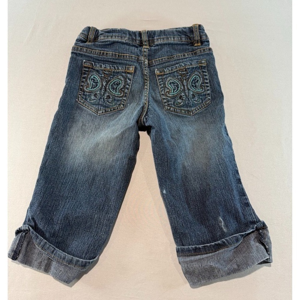 Y2K SO Girls Denim Capri Jeans Embroidered Pockets Cuffed Hem Size 8